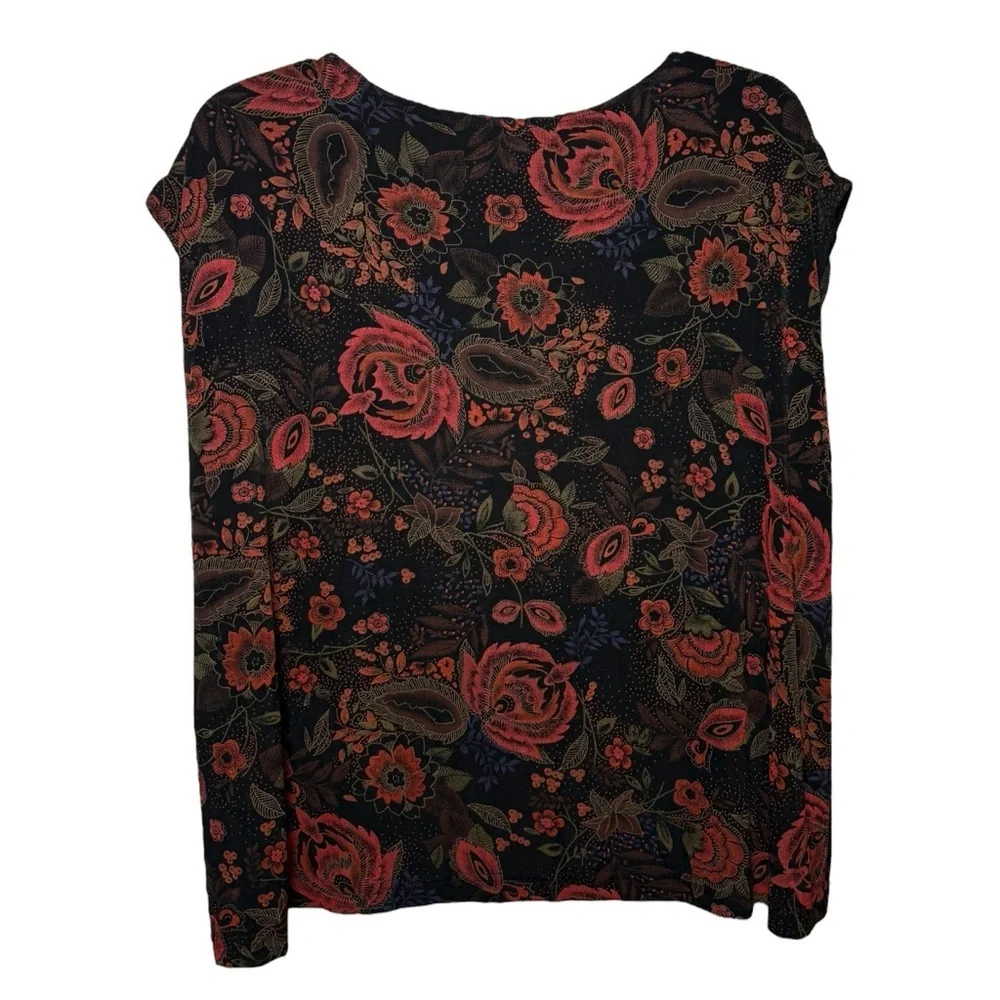 Vintage Dark Floral Short Sleeve Top Size Large XL Black Red - Picture 3 of 5